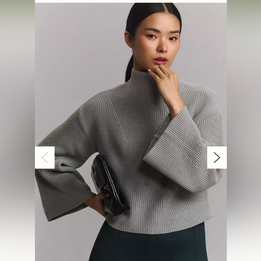 Anthropologie The Katey Mock-Neck Bell-Sleeve Knit/Cotton Sweater by Maeve Grey